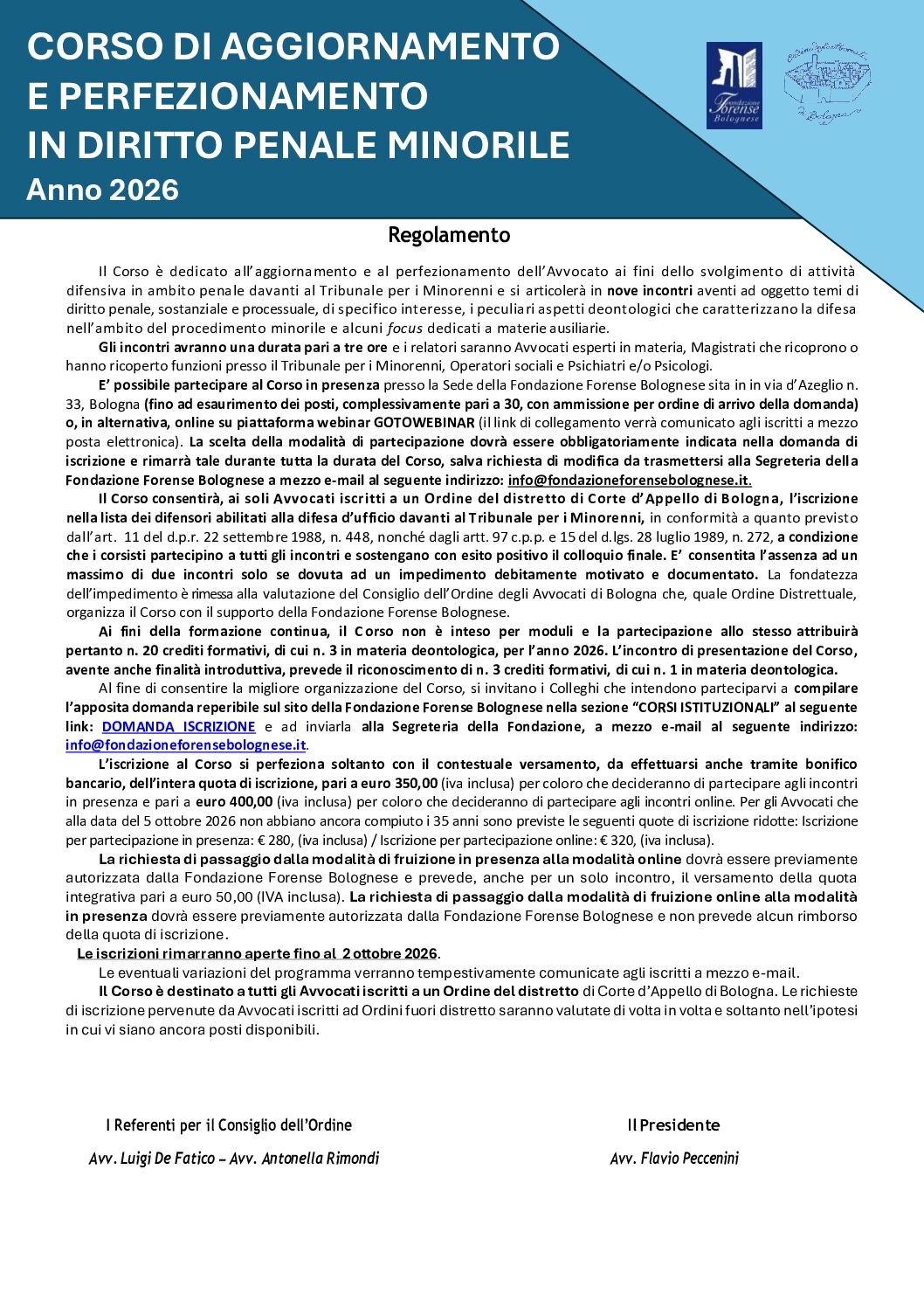 Corso di formazione e aggiornamento in Diritto penale minorile