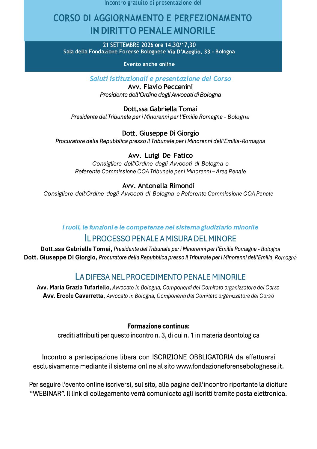 Presentazione del Corso di aggiornamento e perfezionamento in Diritto penale minorile