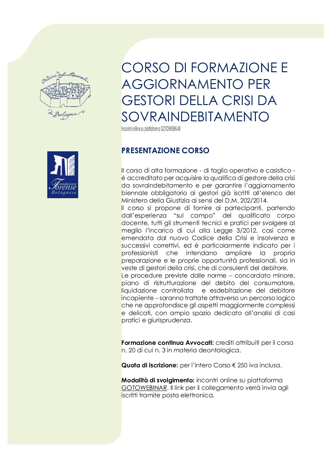Corso di formazione e aggiornamento per Gestori della crisi da sovraindebitamento